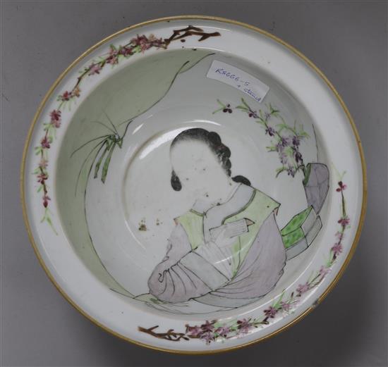 A Chinese famille rose basin, on wood stand height 12cm diameter 26cm